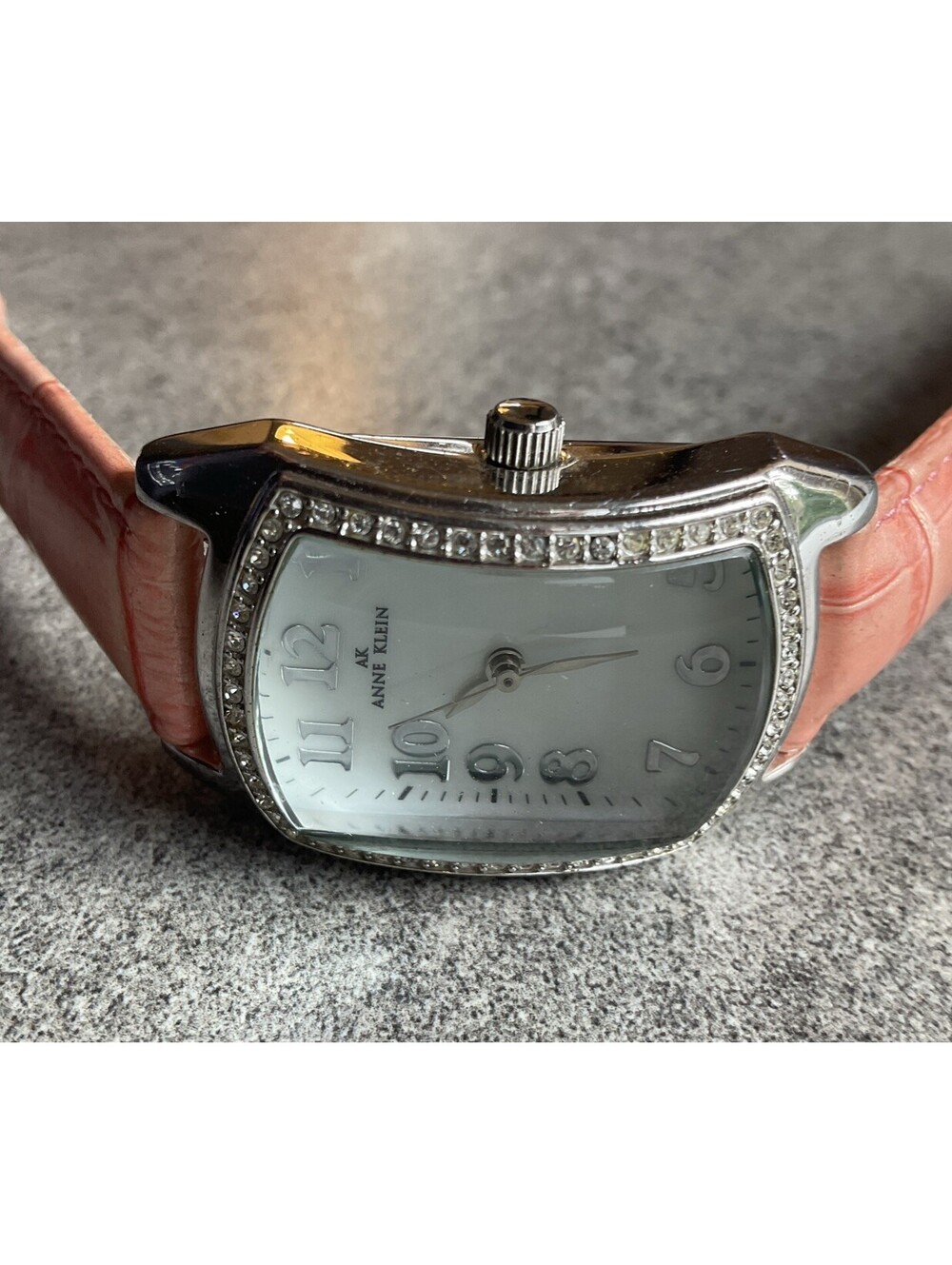 Anne Klein Watch Women Silver Tone Case MOP Dial Pave Bezel Pink Leather Band BY